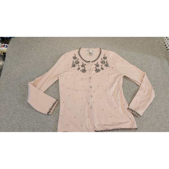 Dressbarn Cardigan Sweater Womens Large Pink Beaded Rhinestone Buttons Floral - Picture 1 of 16